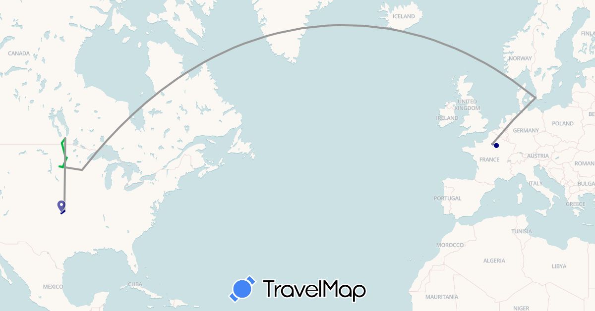 TravelMap itinerary: driving, bus, plane in Canada, Denmark, France, United States (Europe, North America)